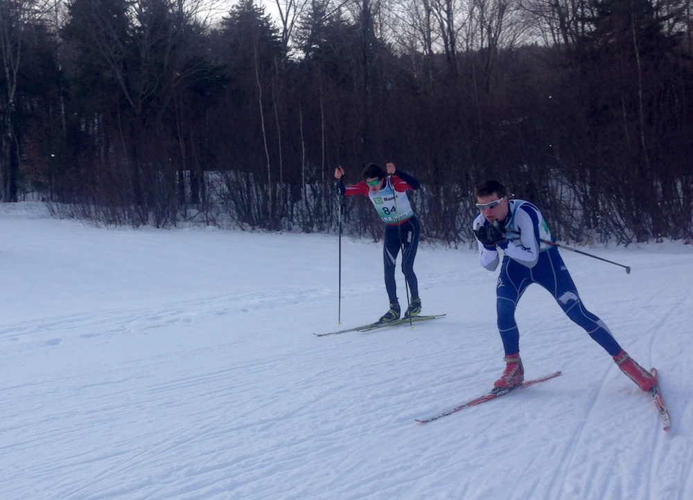 Ben Hegman (to the left) skiing in the J1 boys sprint heats. Ben was 2nd J1 in the classic race the following day!