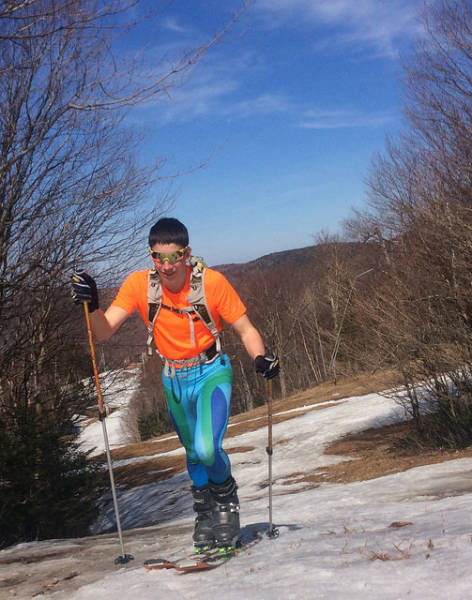 Here is Will skinning up Bolton. We had a unique group this day: Charlie and Tim on nordic skis, Adam on 3-pin metal-edged, fishscale tele skis, and Will on full-blown Tele gear with skins