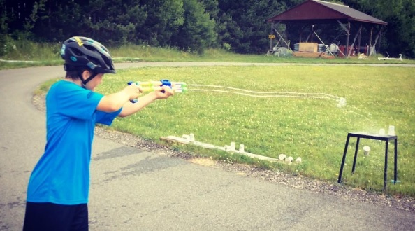 Matthew firing off a few rounds at the cup targets