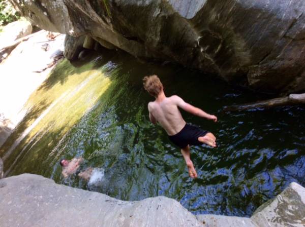 Timmy, recently back from biathlon camp, taking the plunge