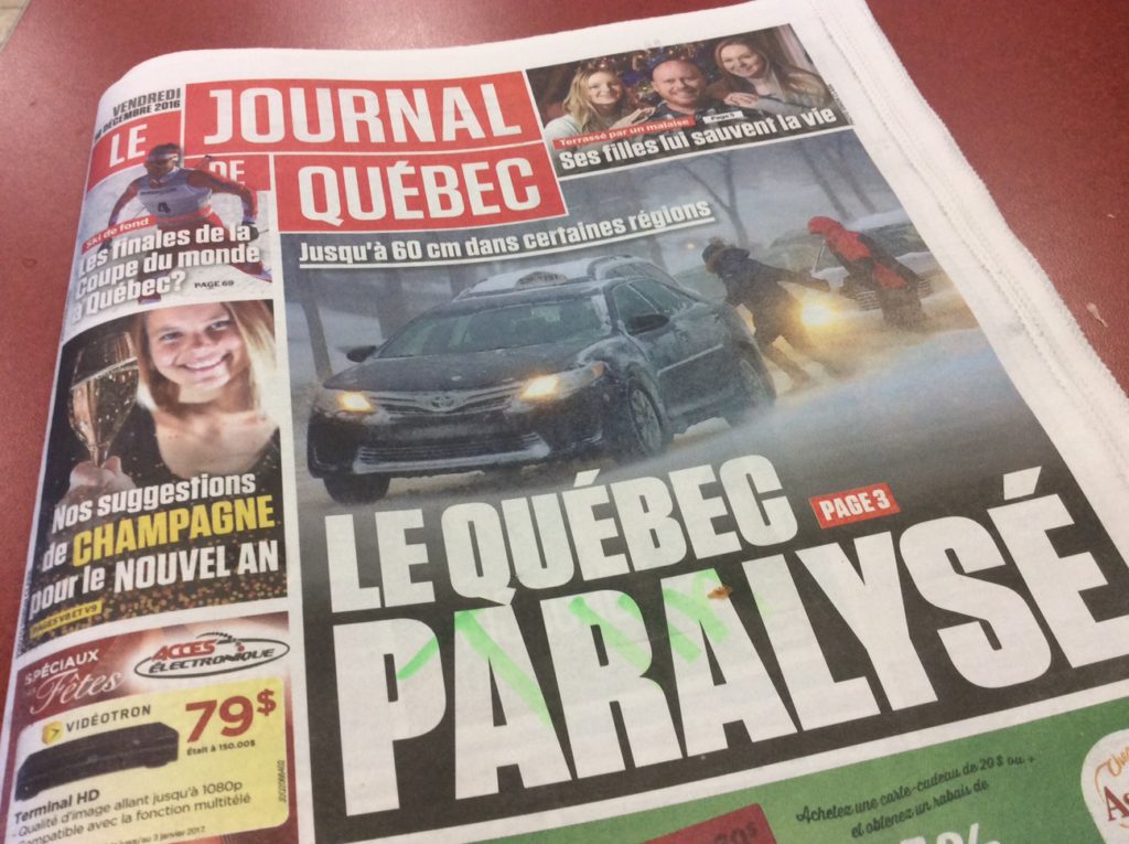 Morning paper at Tim's. Main story? Quebec being "paralyse"d by the blizzard. The inside scoop on the top left? Quebec possibly hosting World Cup Finals this year! This is Alex Harvey's hometown and he is a big star (rightfully so!)